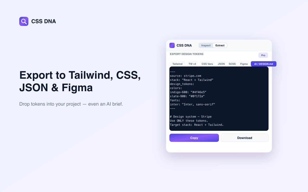 CSS DNA extracting a color palette and exporting Tailwind v4 @theme tokens, with CSS variables, JSON, SCSS, Figma and AI / DESIGN.md export tabs over a generated design-tokens brief.